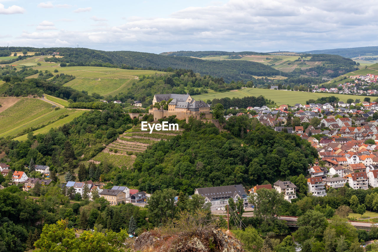 Scenic view from rheingrafenstein at city bad muenster am stein-ebernburg with castle ebernburg