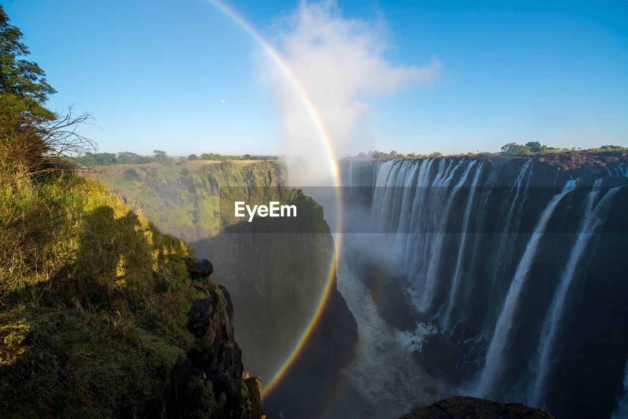 Scenic view of waterfall against rainbow in sky