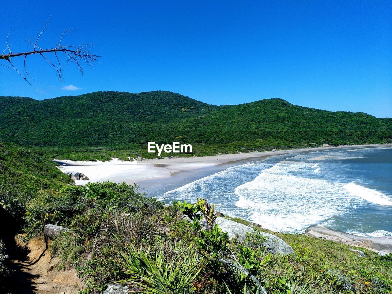 Scenic view of sea against clear blue sky