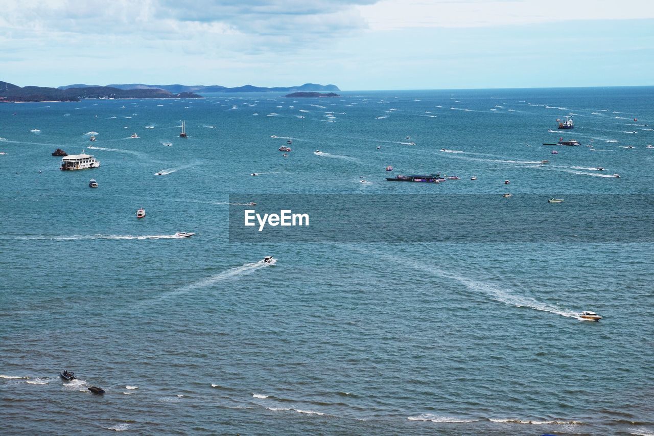 High angle view of boats in sea