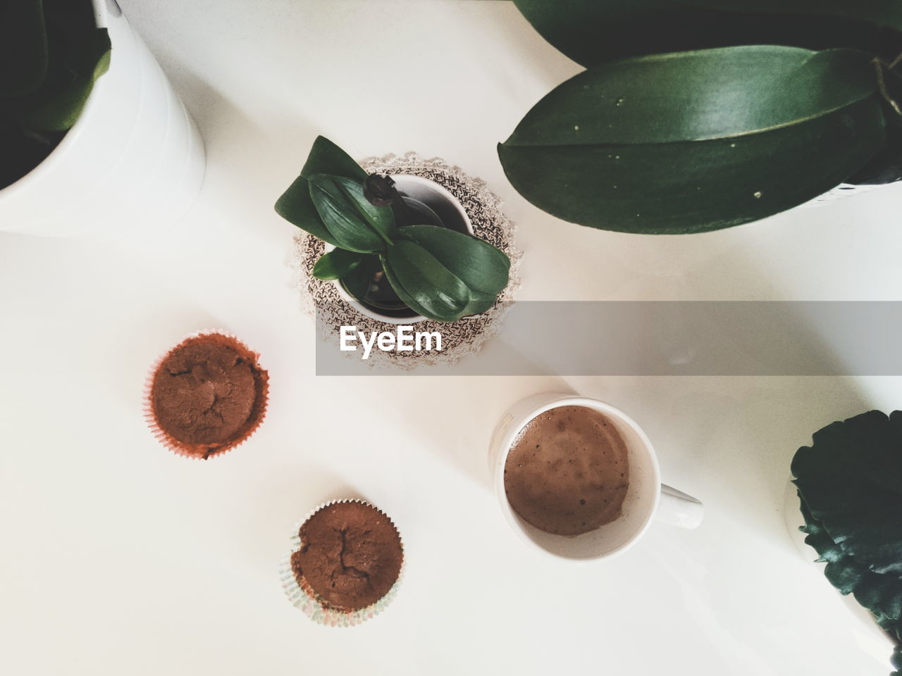 High angle view of coffee by muffins on table