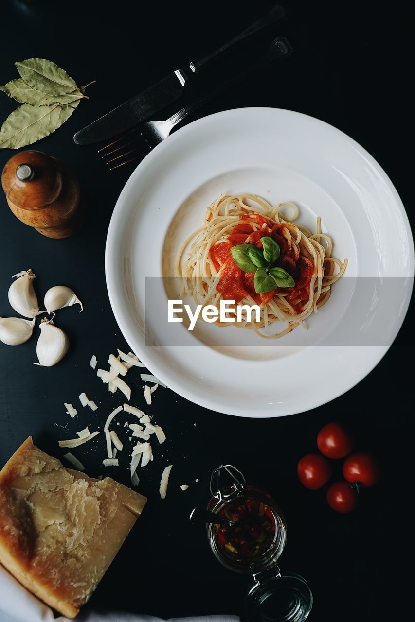 High angle view of pasta in bowl on table