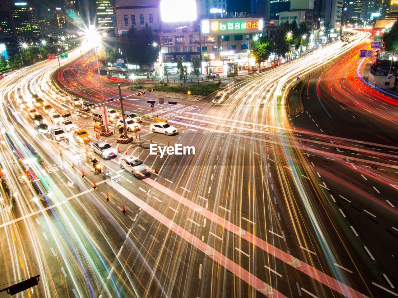 High angle view of light trails on city street