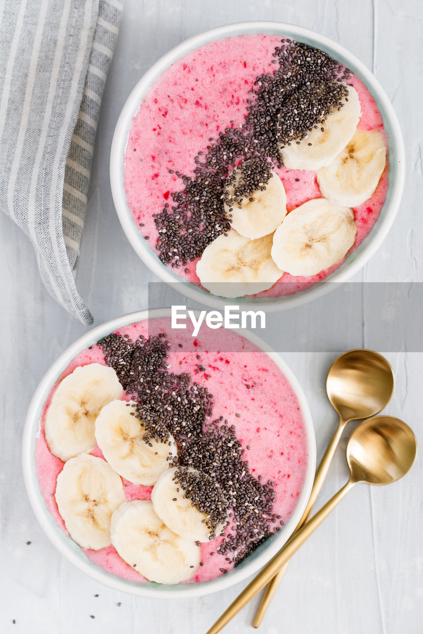 High angle view of breakfast in bowls on table