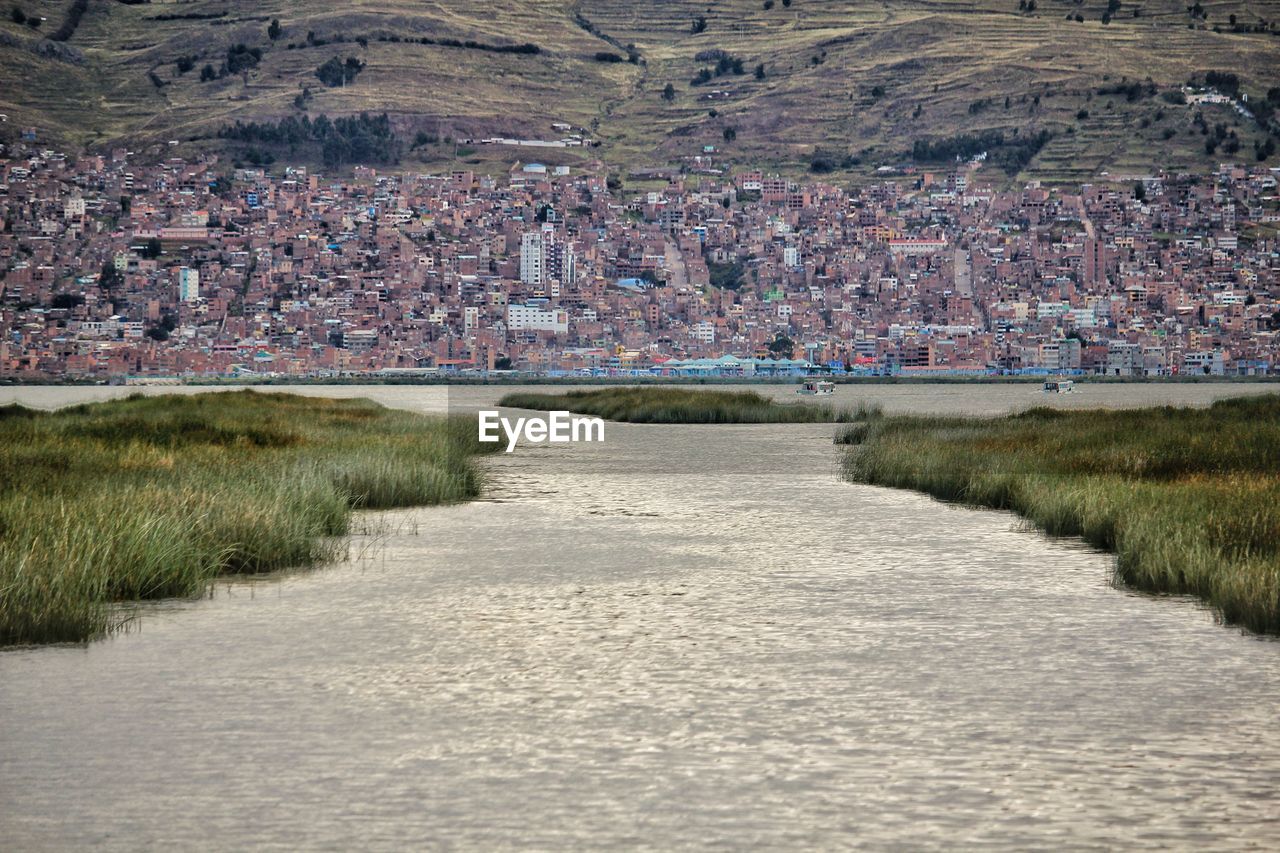 View of road along buildings