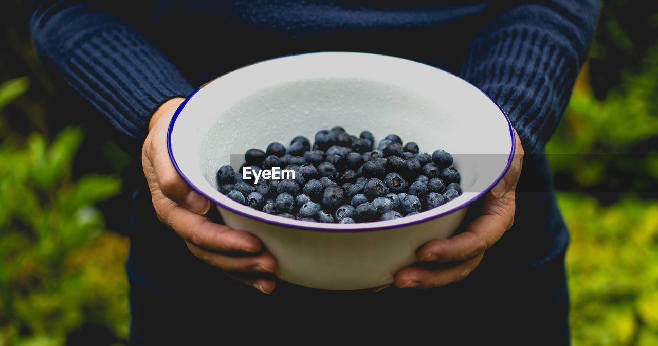 Close-up of man holding blueberries in bowl