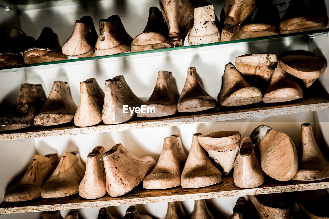 High angle view of shoes for sale on shelf