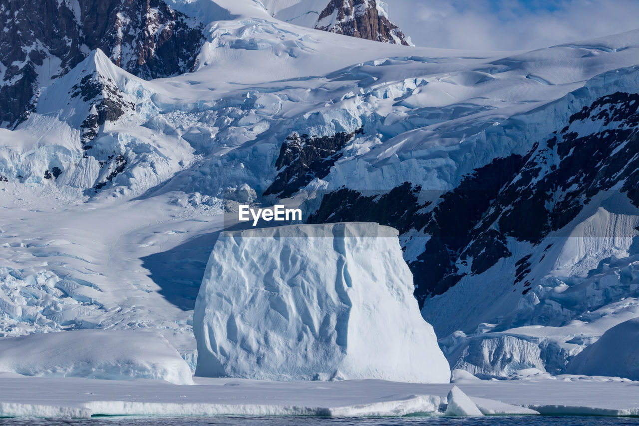 Iceberg stuck in the ice shelf with glacier covered mountains behind, antarctic peninsula