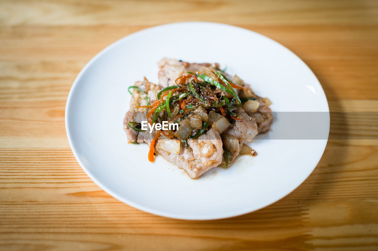 High angle view of meal served on table