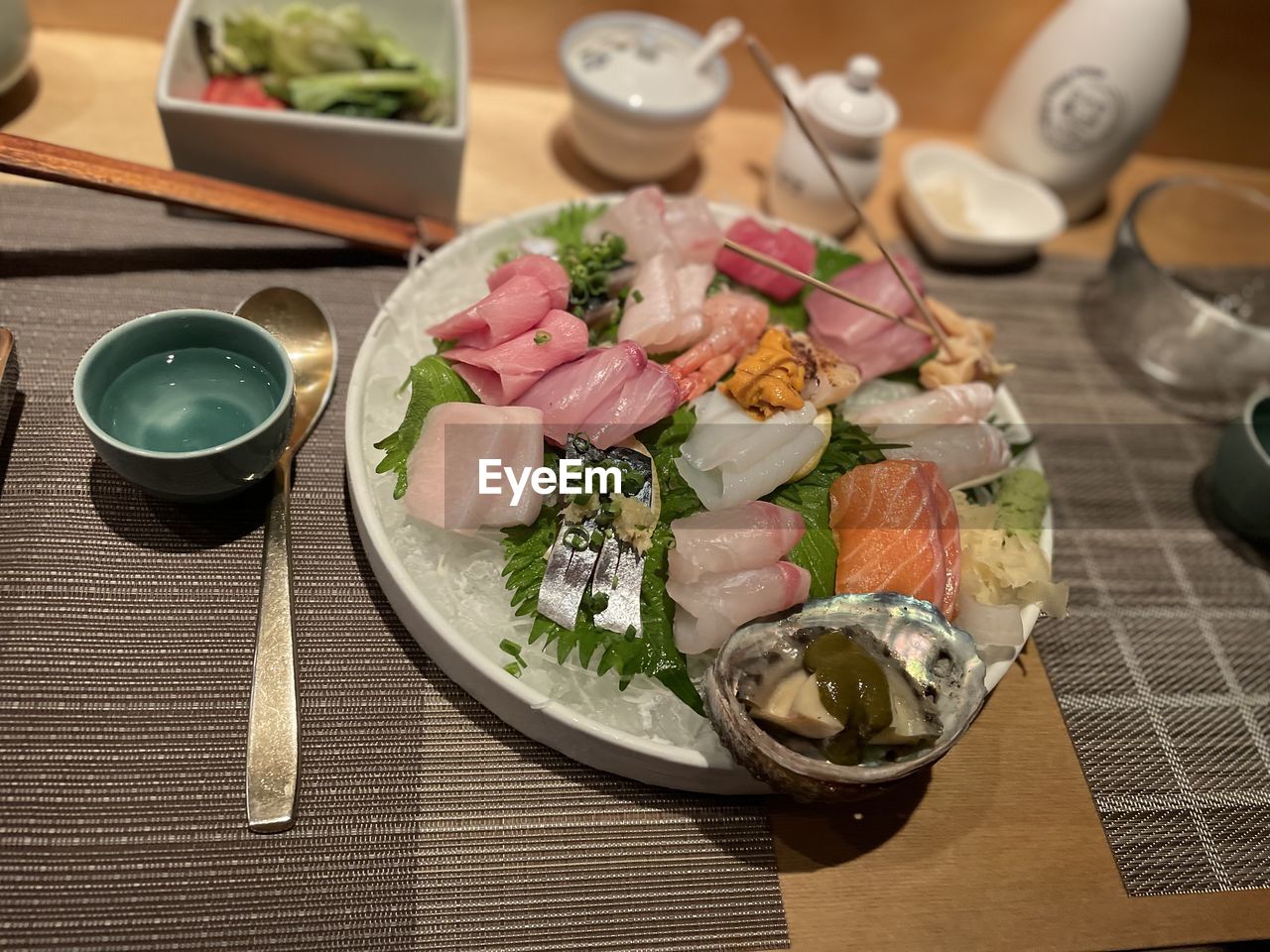 high angle view of food served on table