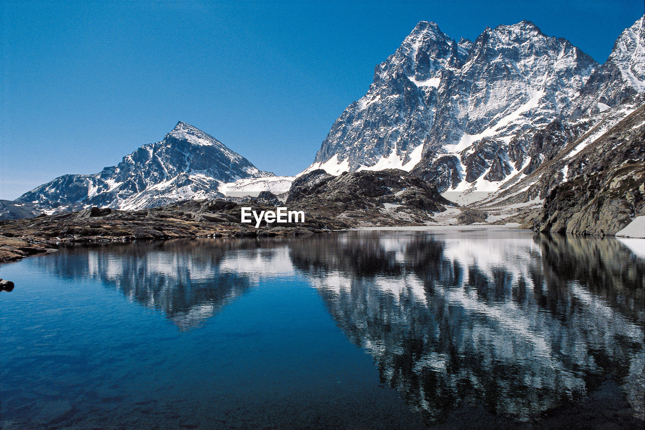 Scenic view of lake and snowcapped mountains against clear blue sky