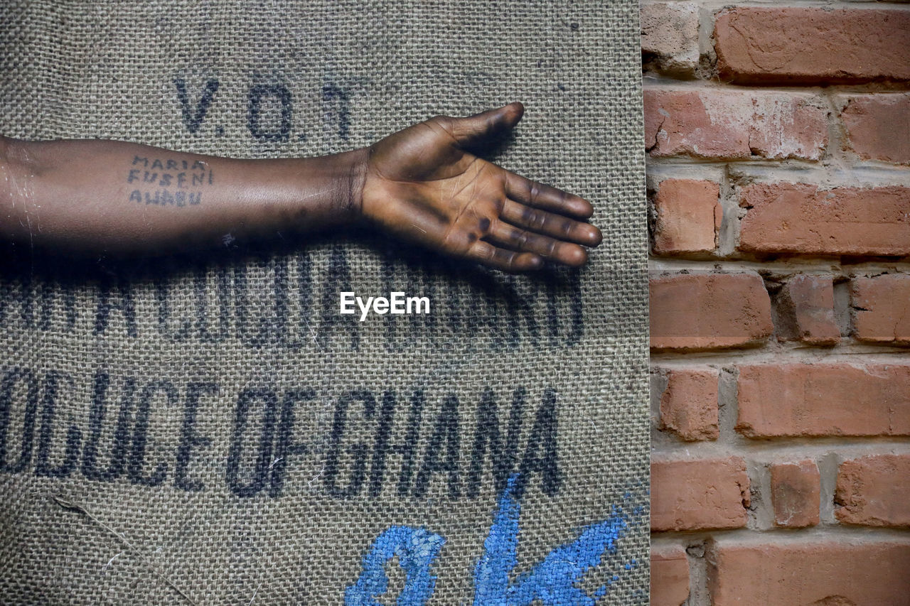brick, brick wall, hand, wall, text, wall - building feature, art, communication, one person, western script, close-up, day, arm