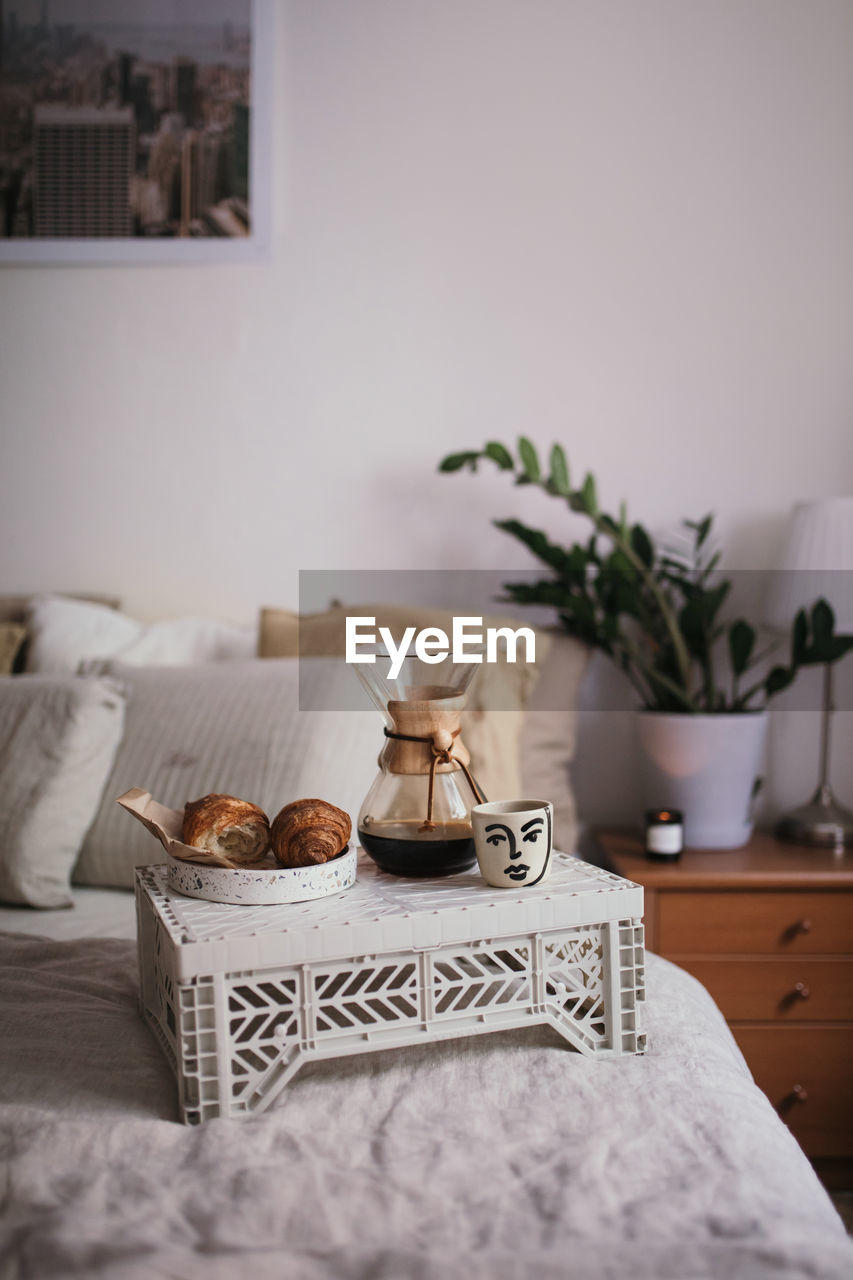 High angle view of breakfast on bed