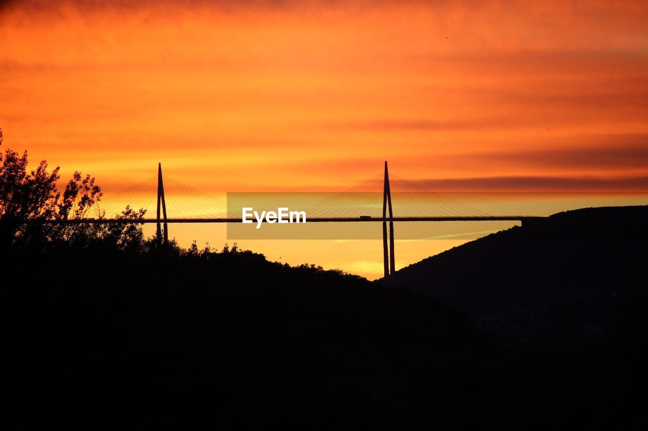 Silhouette suspension bridge against sky during sunset