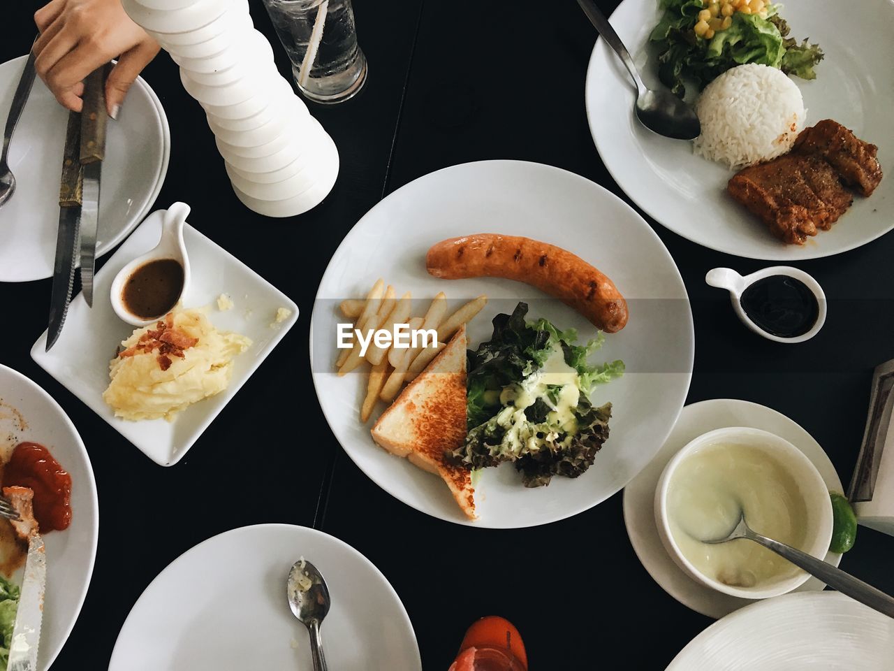 High angle view of meal served on table