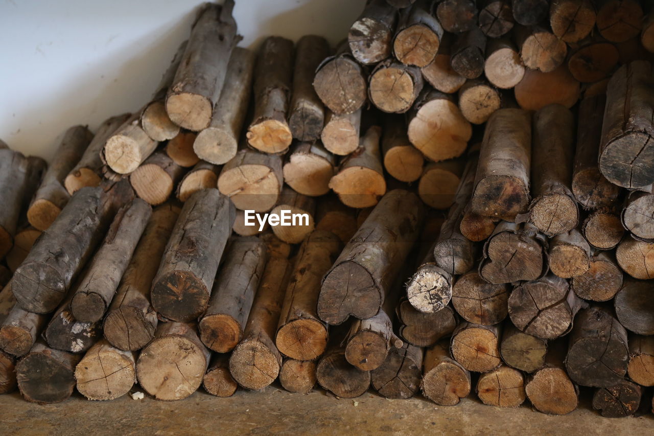 CLOSE-UP OF LOGS STACK OF FIREWOOD