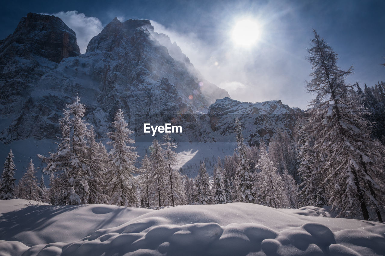 Scenic view of snow covered mountains against sky