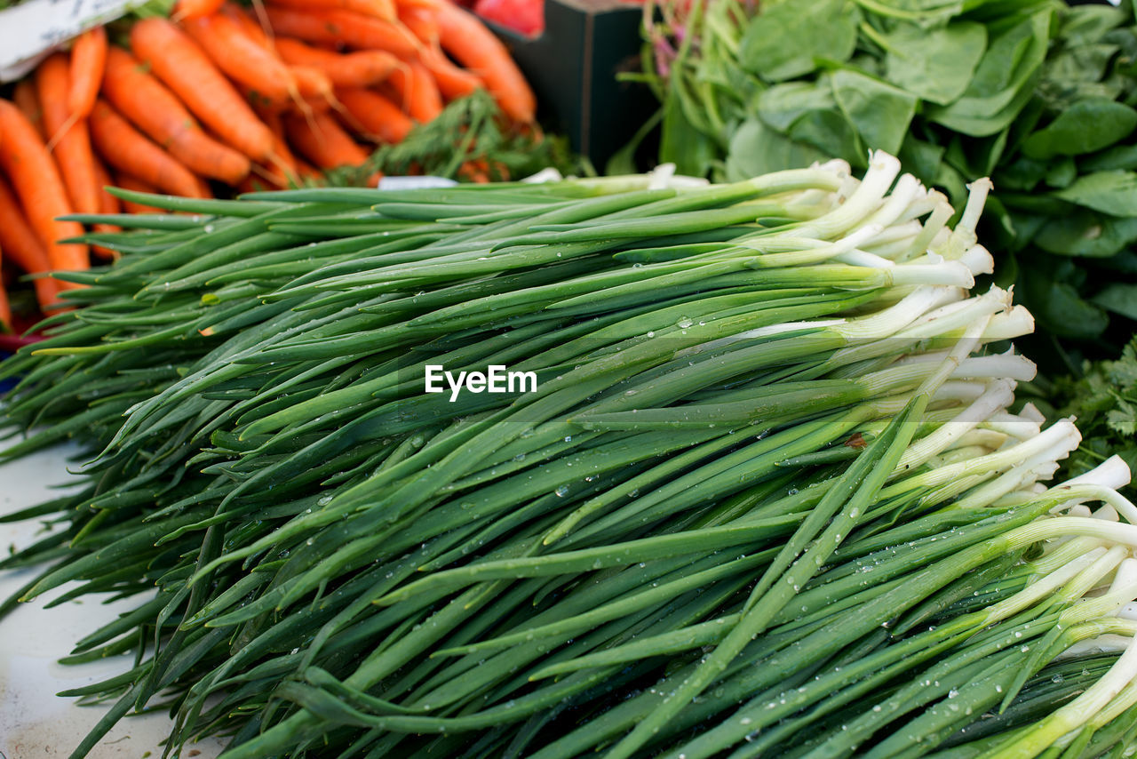 Fresh scallions at market stall