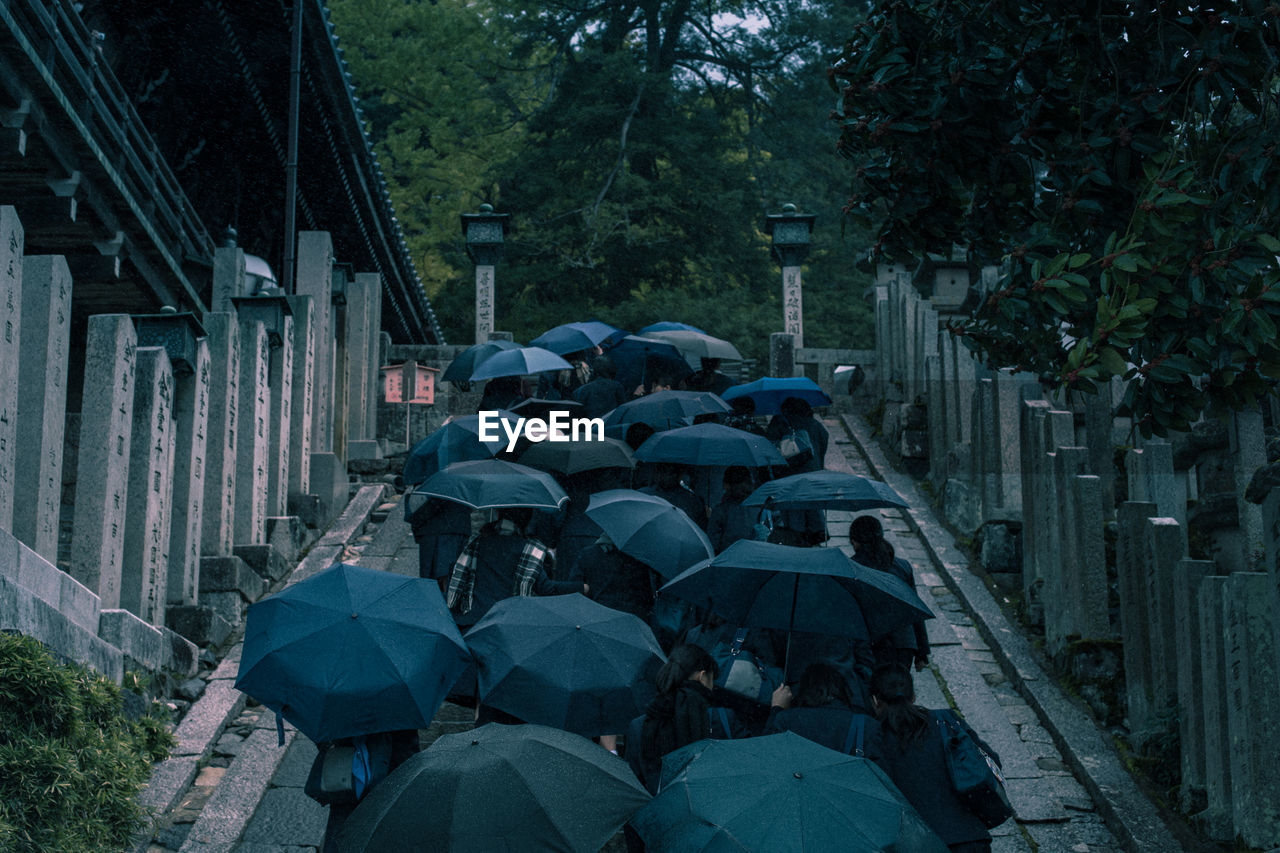 Teenagers with umbrellas on a school trip to nagoya