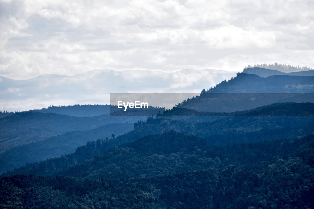 Scenic view of mountains against cloudy sky