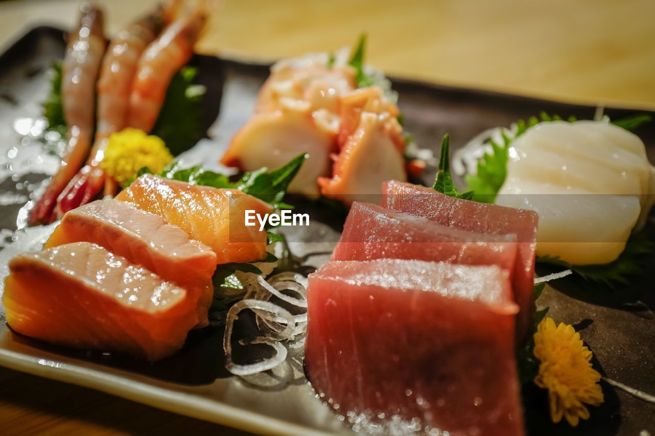 Close-up of sashimi served in plate