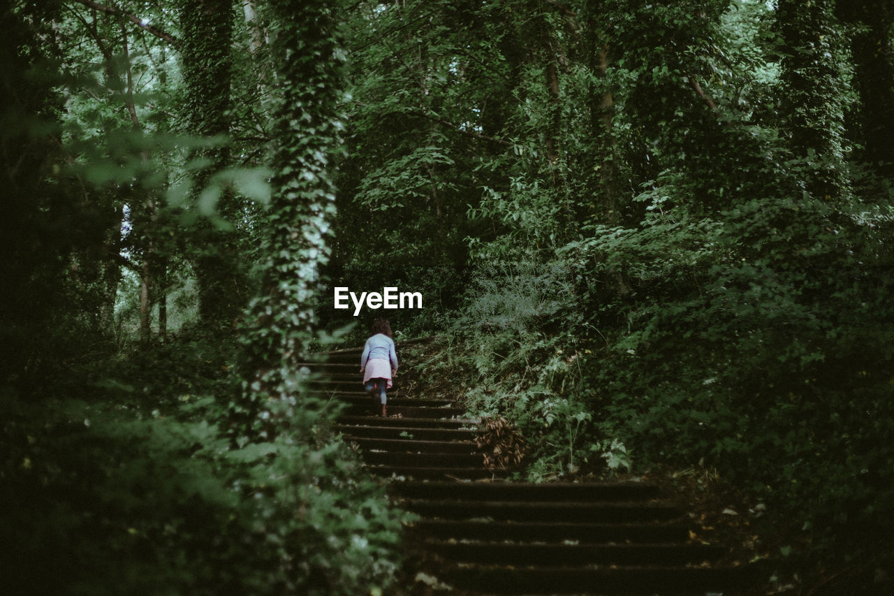 Wide angle view of young girl ascending staircase in an overgrown forest