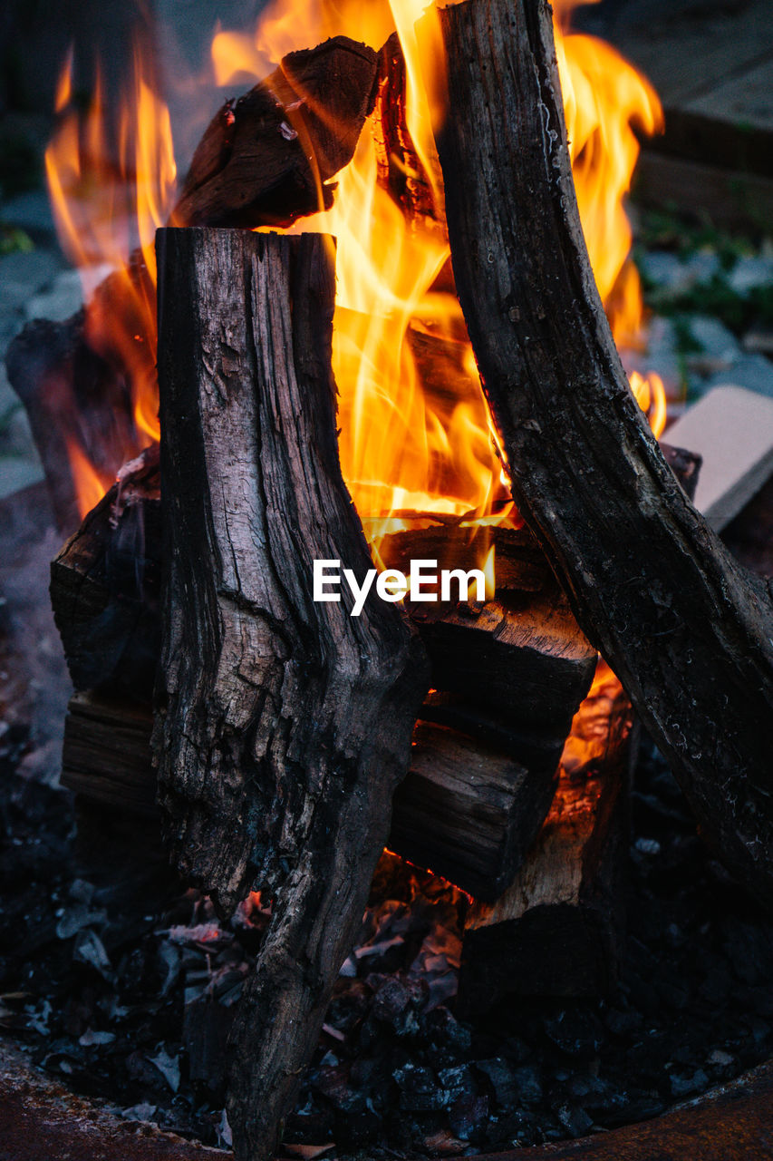 Close-up of fire on wood at night