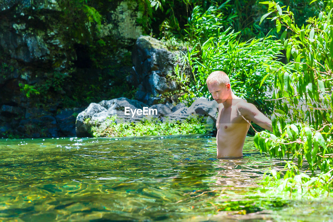 Shirtless man in pond by plants on sunny day