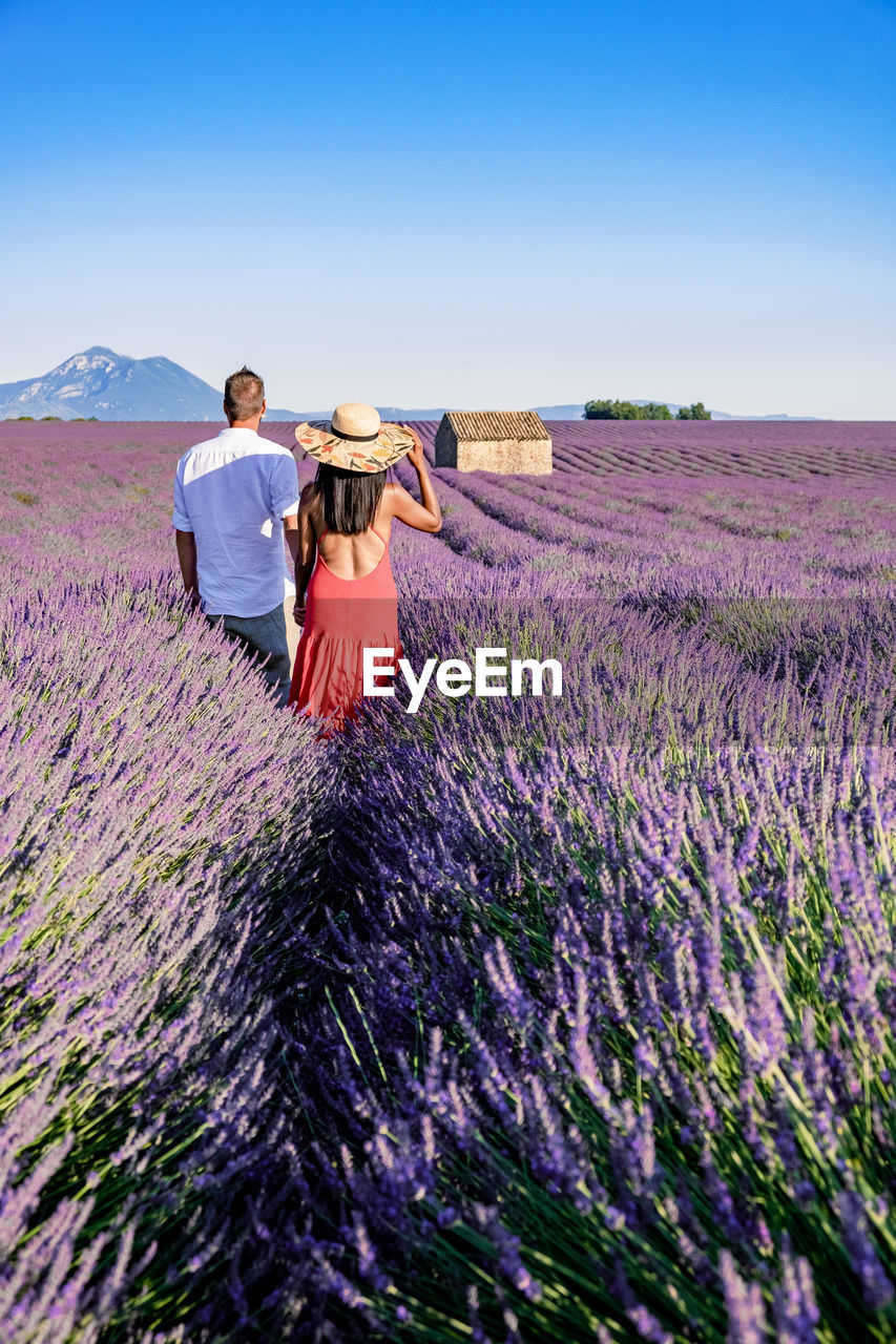 Rear view of couple on field against sky