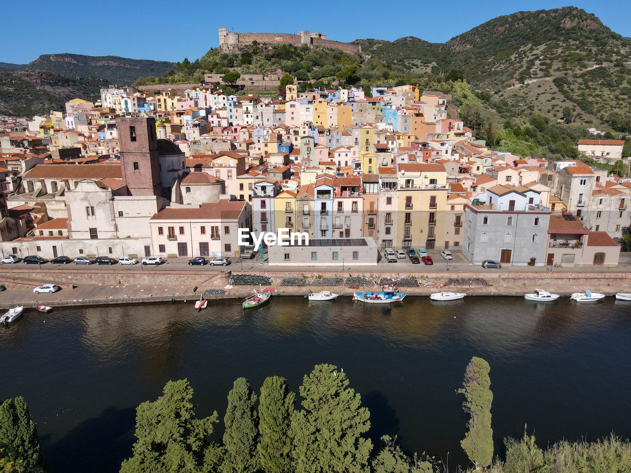 high angle view of buildings in lake