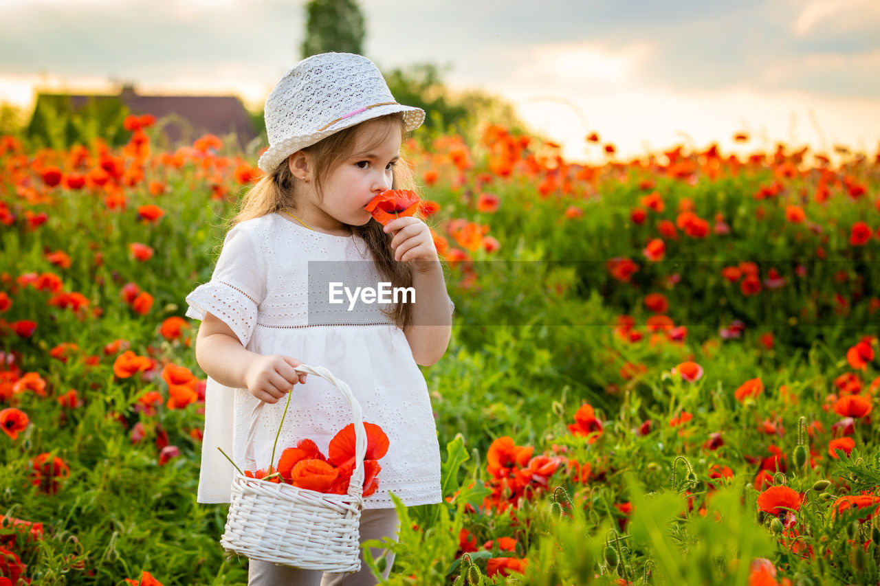 Girl smelling flower while collecting in basket by plants