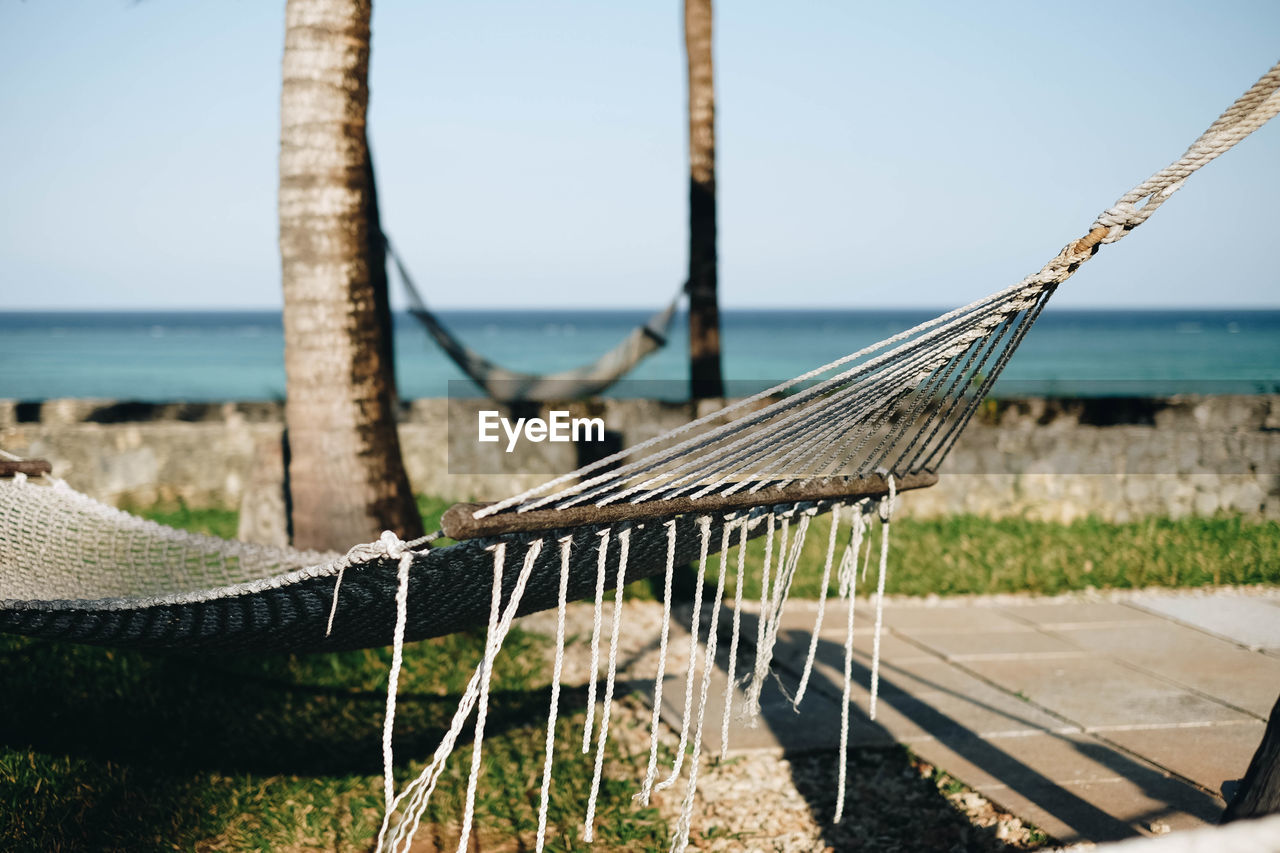 Hammock hanging on a palm tree with sea and clear sky on horizon 