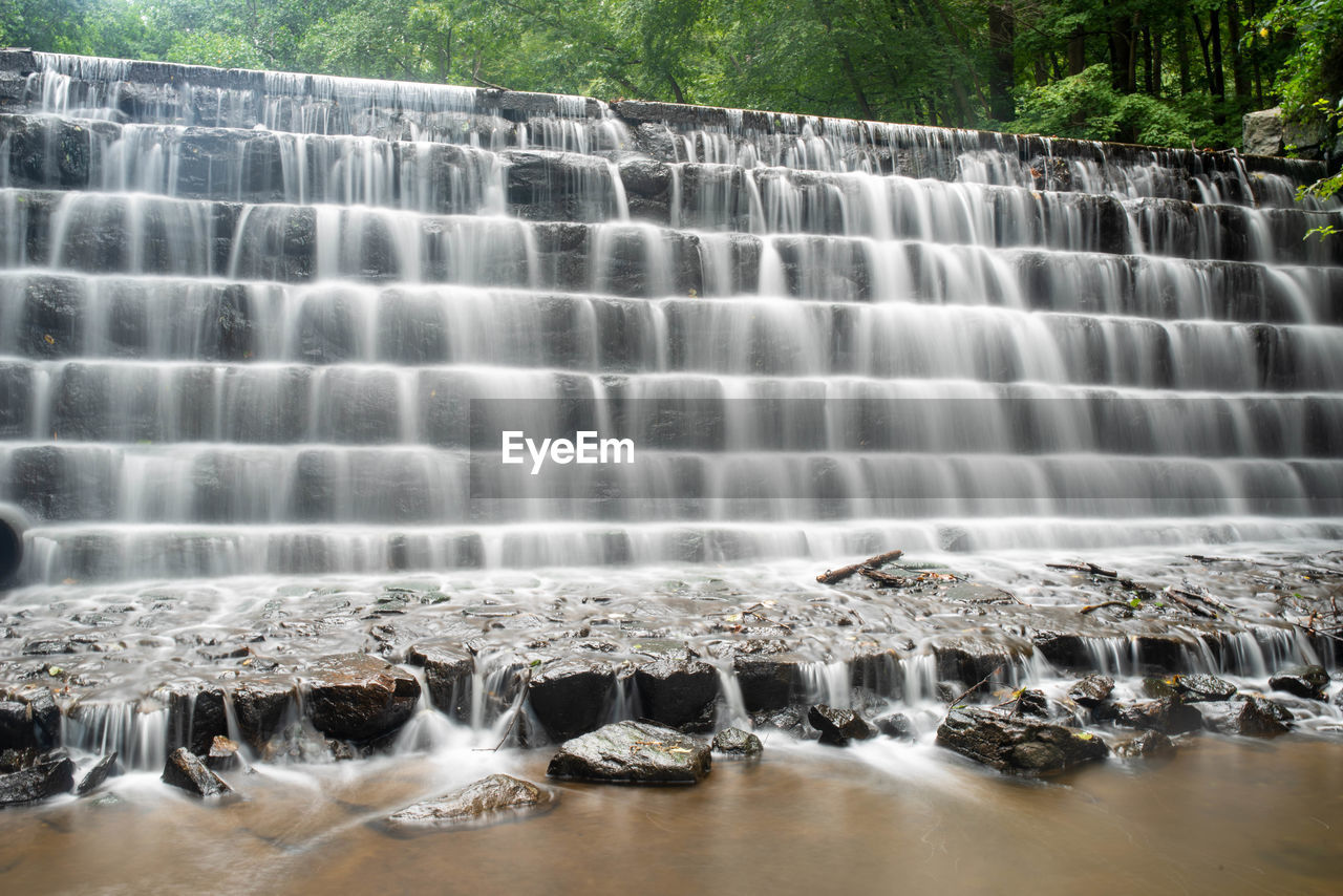Full frame long exposure tiered waterfall. green foliage background and smooth water in foreground.