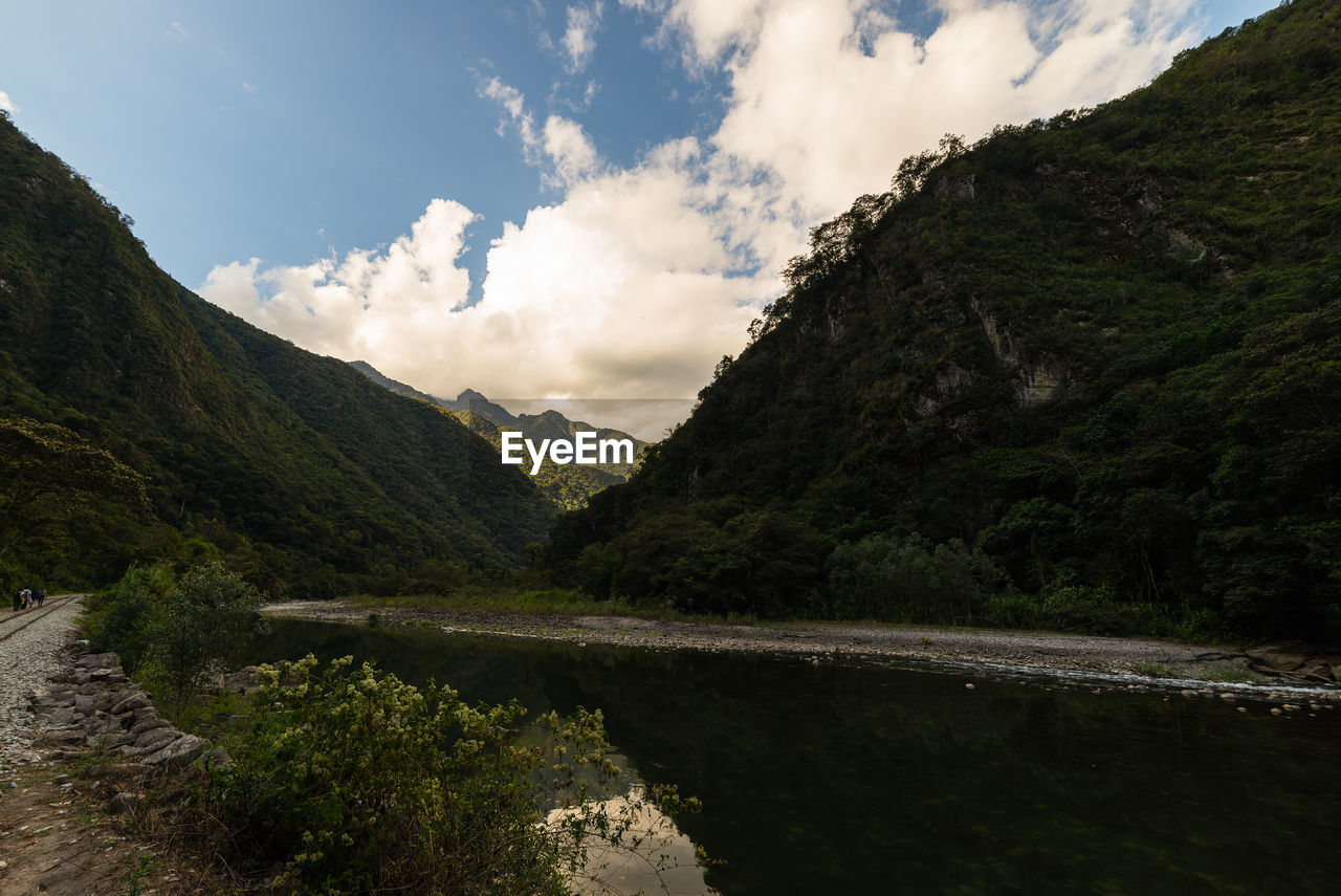 Scenic view of mountains by river against sky