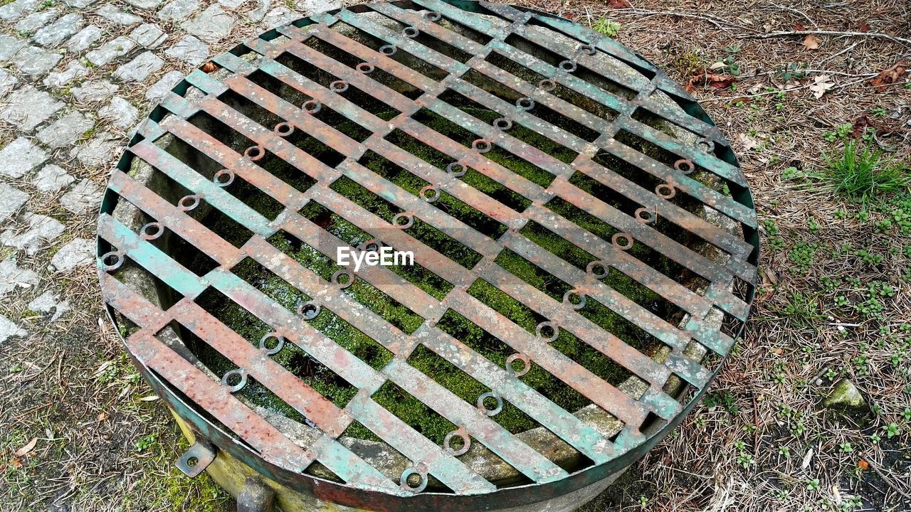 high angle view, manhole, day, outdoors, no people, sewage, metal grate, close-up