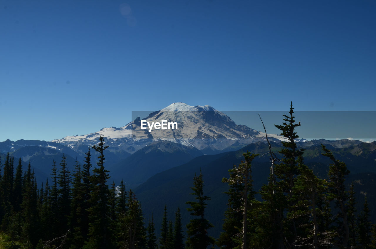 Scenic view of mt rainier against clear blue sky