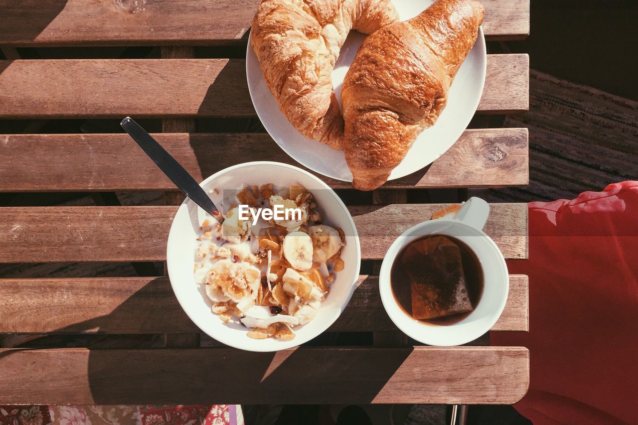 High angle view of breakfast served on table