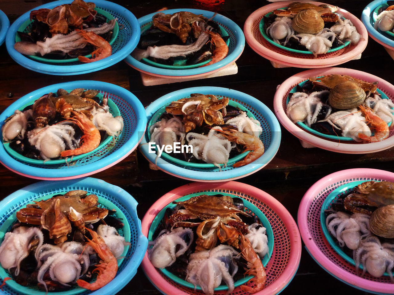 High angle view of food served on table