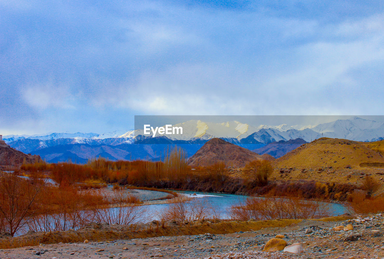 Scenic view of snowcapped mountains against sky