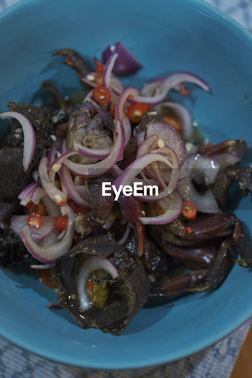 HIGH ANGLE VIEW OF MEAT IN CONTAINER