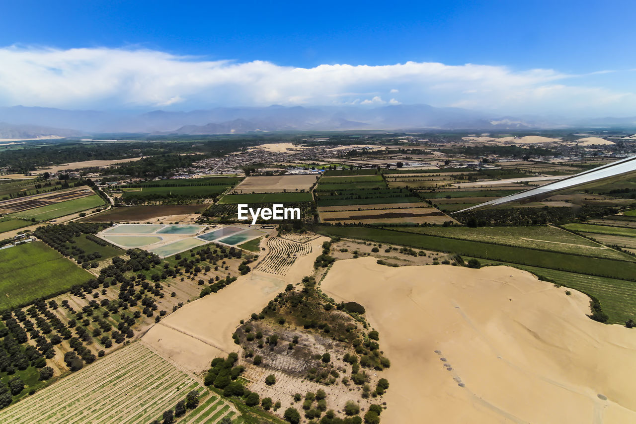 AERIAL VIEW OF FARMS AGAINST SKY