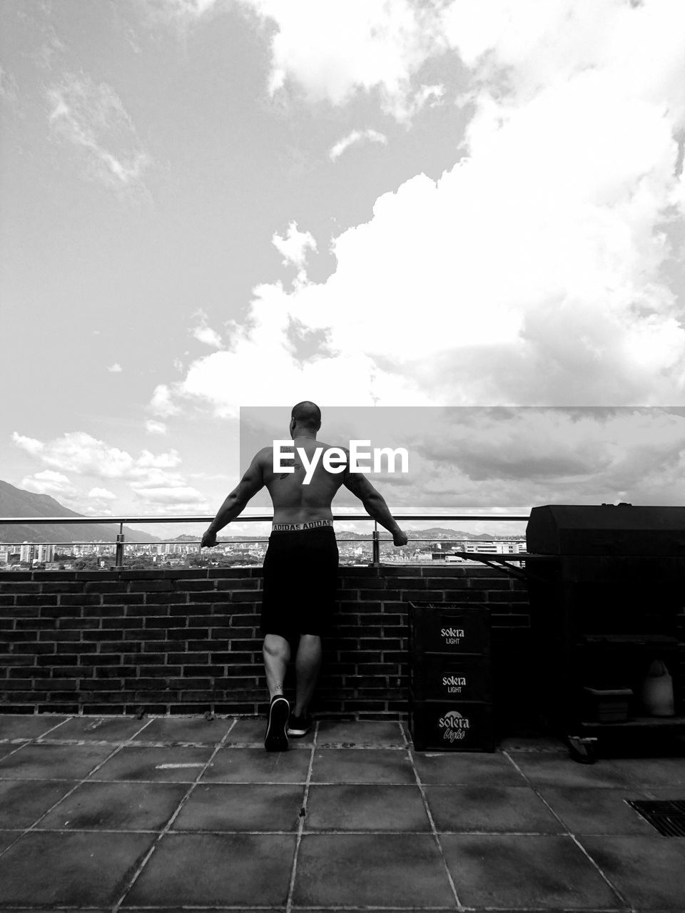 Rear view of shirtless man standing by railing against sky