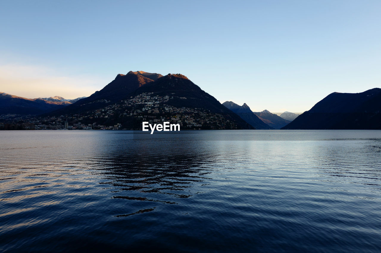 Scenic view of lake against sky during sunset