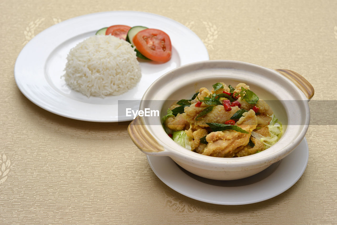 High angle view of food in container on table