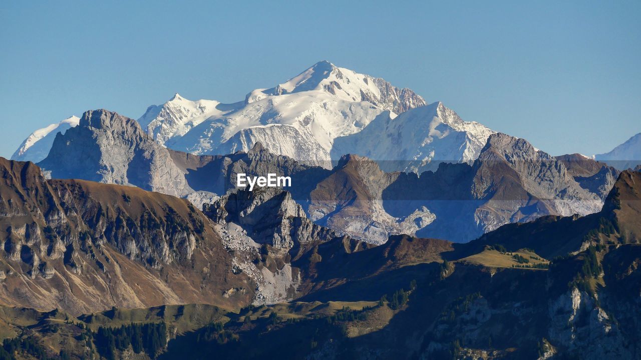 Panoramic view of snowcapped mountains against clear sky