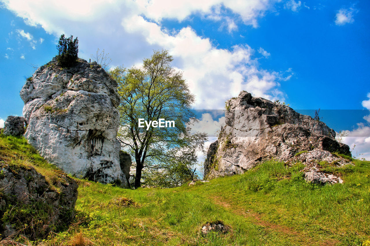 Low angle view of rock formation against cloudy sky