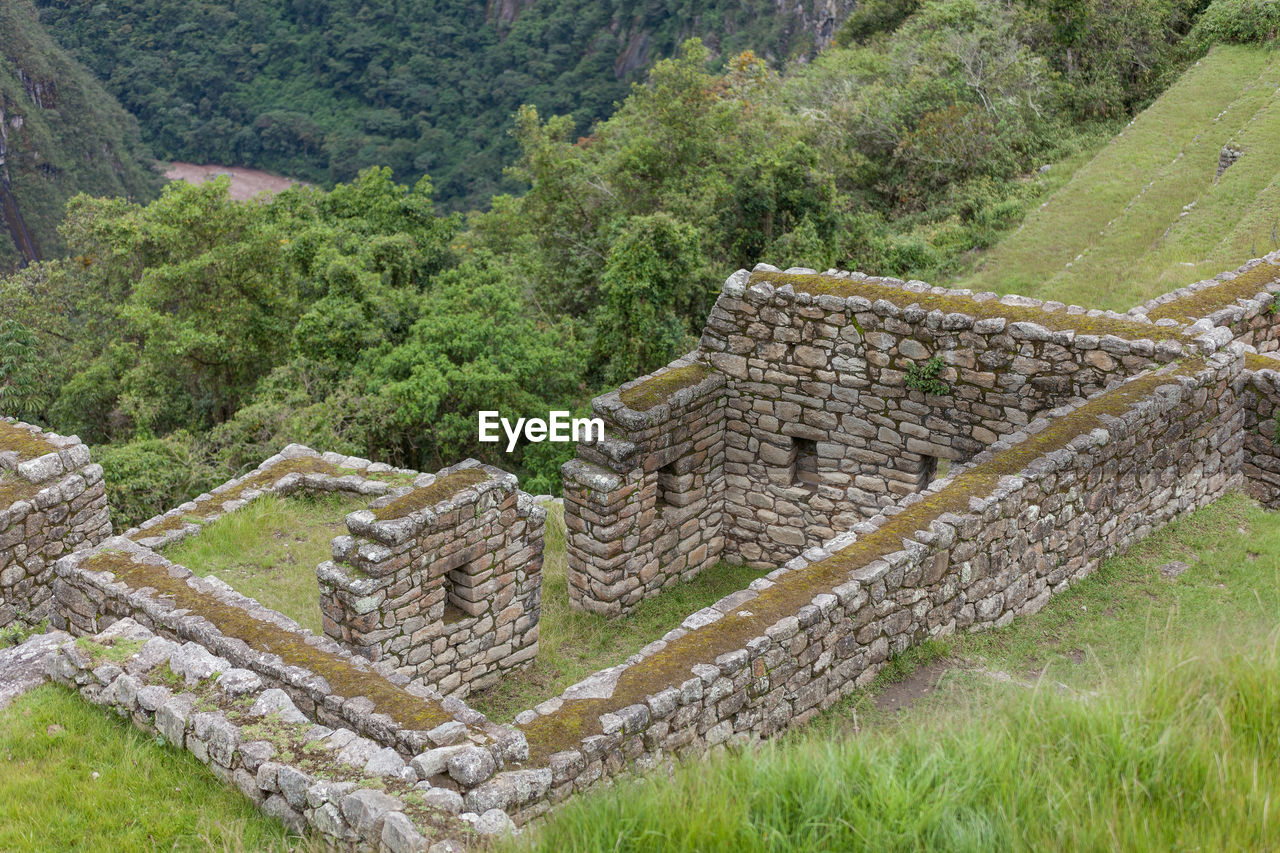 High angle view of machu picchu and mountains