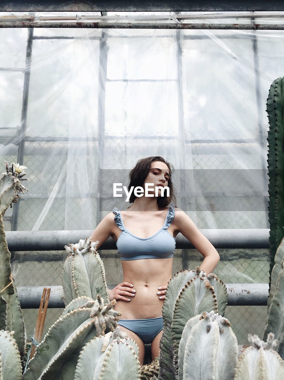 Young model wearing lingerie while standing in greenhouse