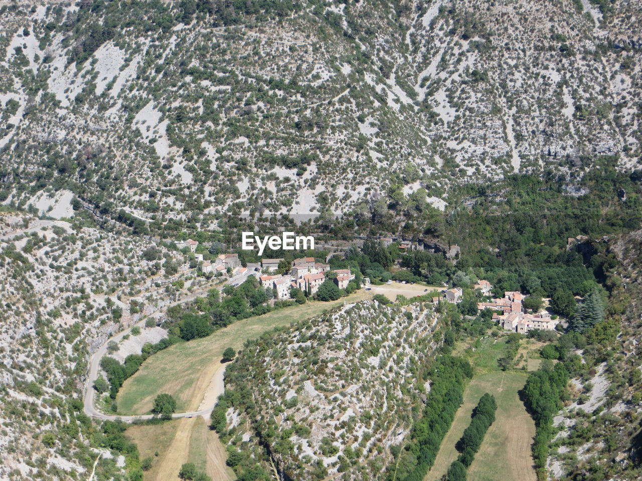 High angle view of trees and houses on field