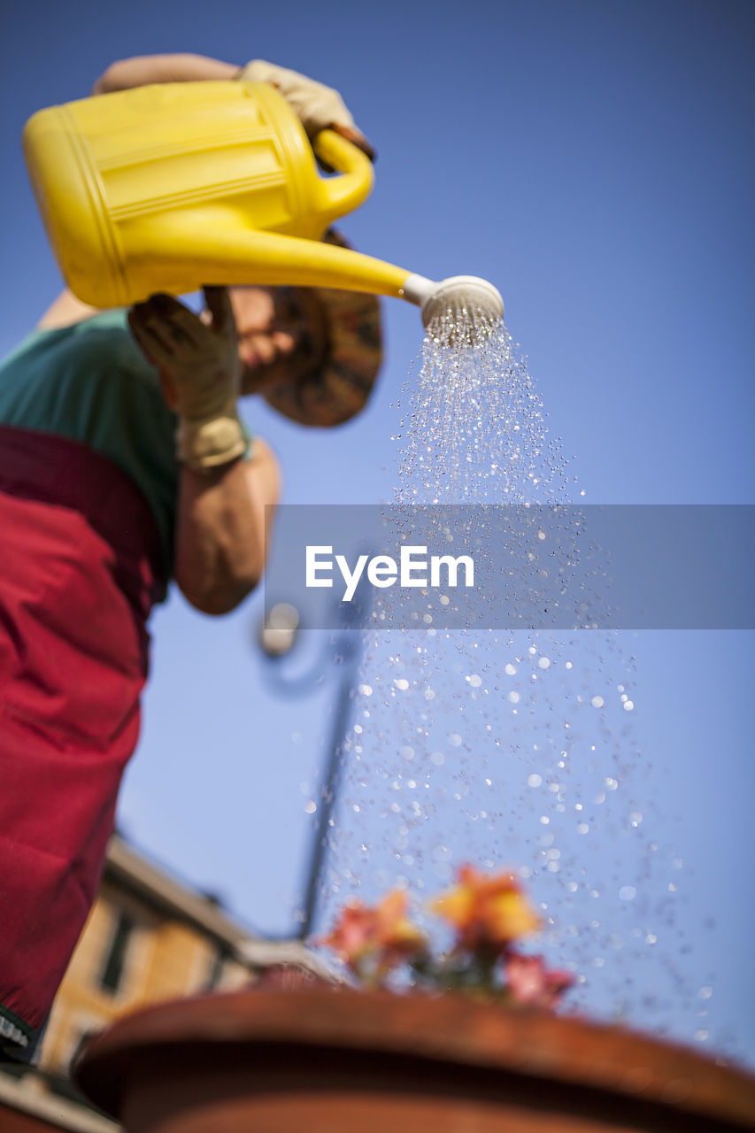 From below mature woman watering flowers on a sunny day